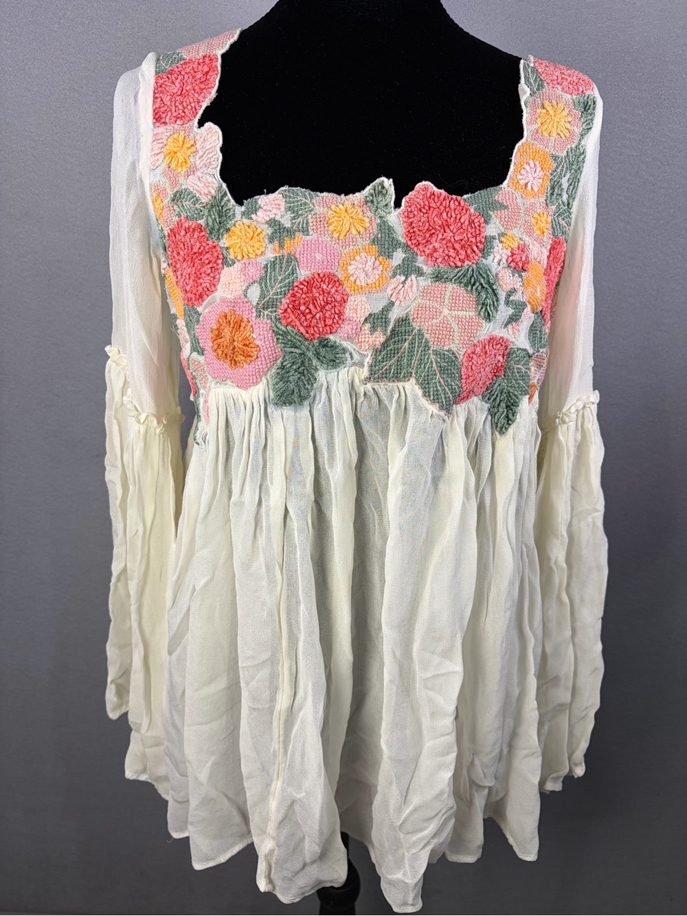 Free People Ivory Boho Peasant Tunic with Pink & Yellow Floral Embroidery